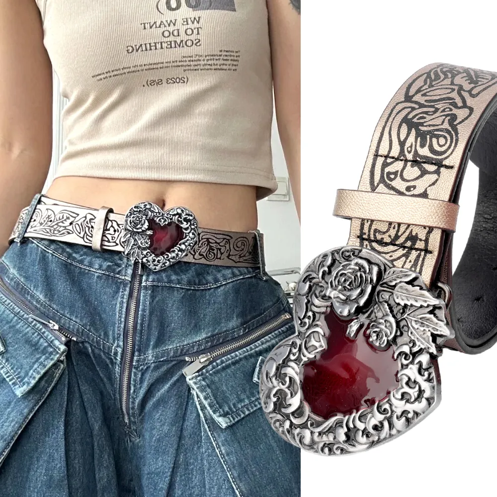 Cinture Cintura zigrinata vintage da donna gotica Fibbia a forma di cuore rossa Cintura stile scuro Y2k Tendenza punk Individuale All-match_voghion.com