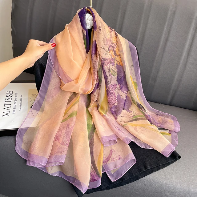 Estolas de praia de seda femininas, cachecol hijab de verão, estampado, protetor solar, xale, bandana, lenços de cabeça femininos, foulard grande, echarpe_voghion.com
