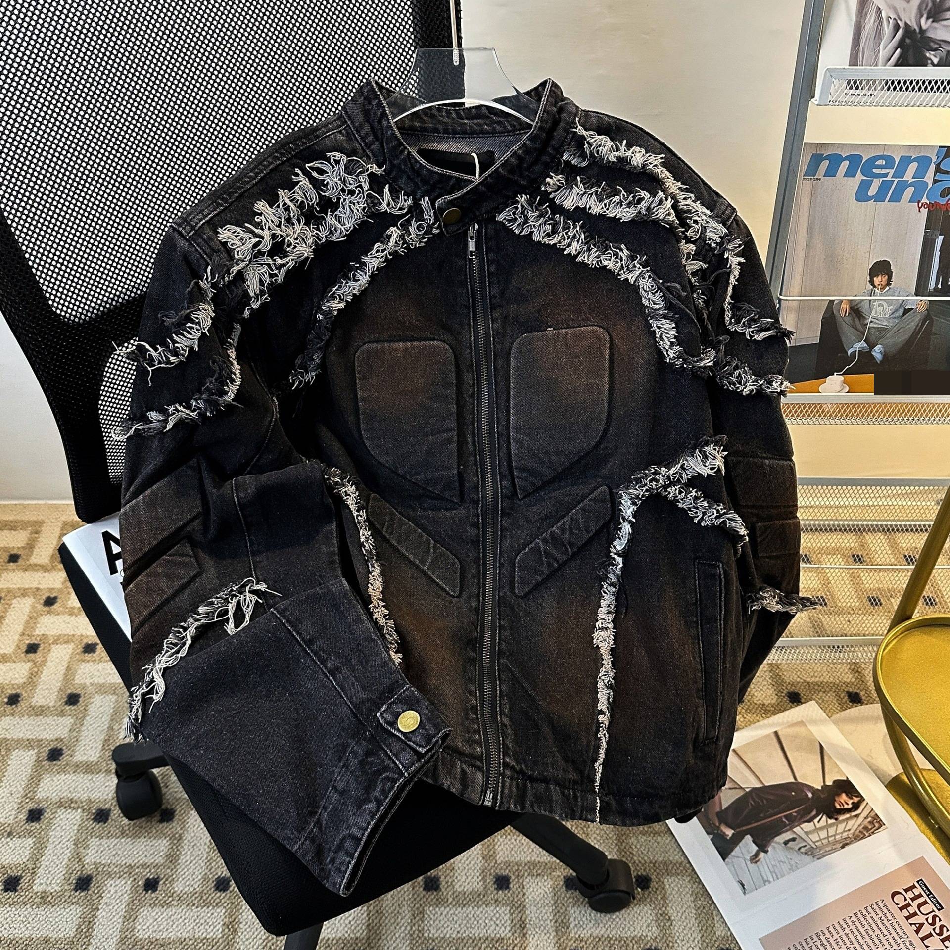 Men's Denim Jacket Padded Shoulder Retro Style Stand Collar Top_voghion.com