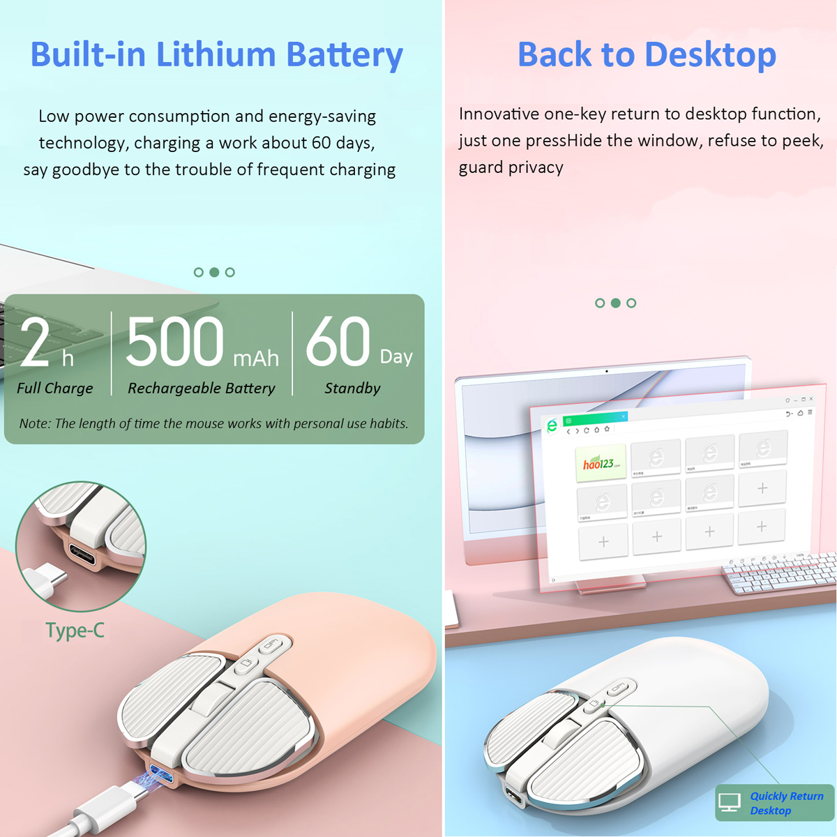 Carino 2.4G Dual Model Wireless Bluetooth 5.0 Mouse silenzioso ricaricabile con lunga durata della batteria e multi-pulsante per PC IOS Notebook_voghion.com