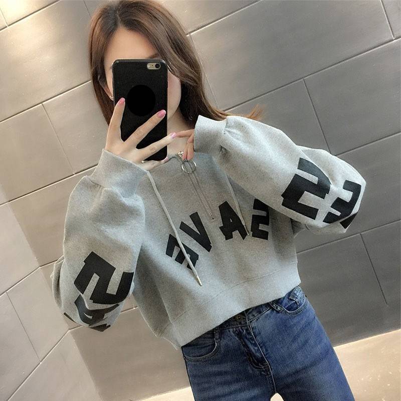Women's Clothing Half Zip Hooded Cropped Short Sweatshirt For Petite Women, New Early Autumn Style, Thin, High Waisted, Trendy And Stylish._voghion.com