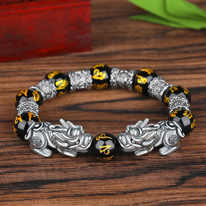 Sterg 3D Hard Retro Men's Domineering Thai Brave Fortune Ancient Sier Obsidian Beads Bracelet_voghion.com