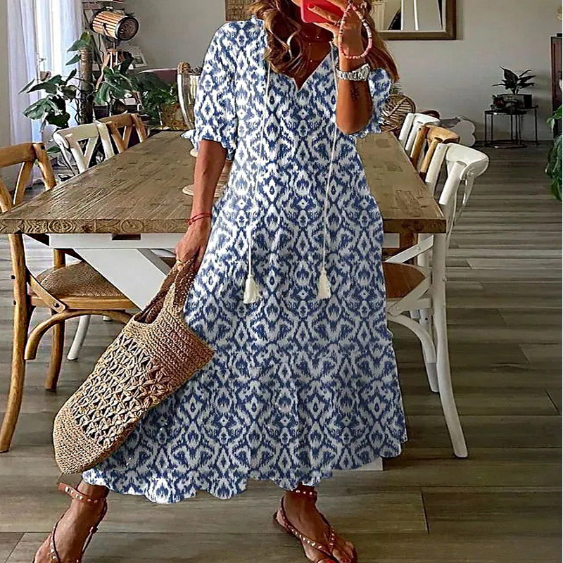Women's clothing summer loose V-neck printed mustache mid-sleeve long dress
