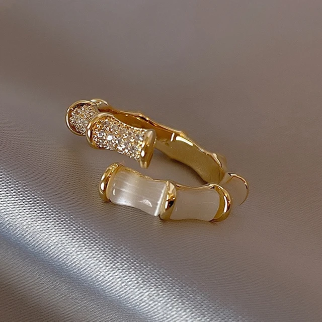 Ready Stock Verstellbare Ringe für Frauen Opale Bambusform Goldfarbe Koreanischer Modeschmuck Partyaccessoire Geschenk für Frau_voghion.com