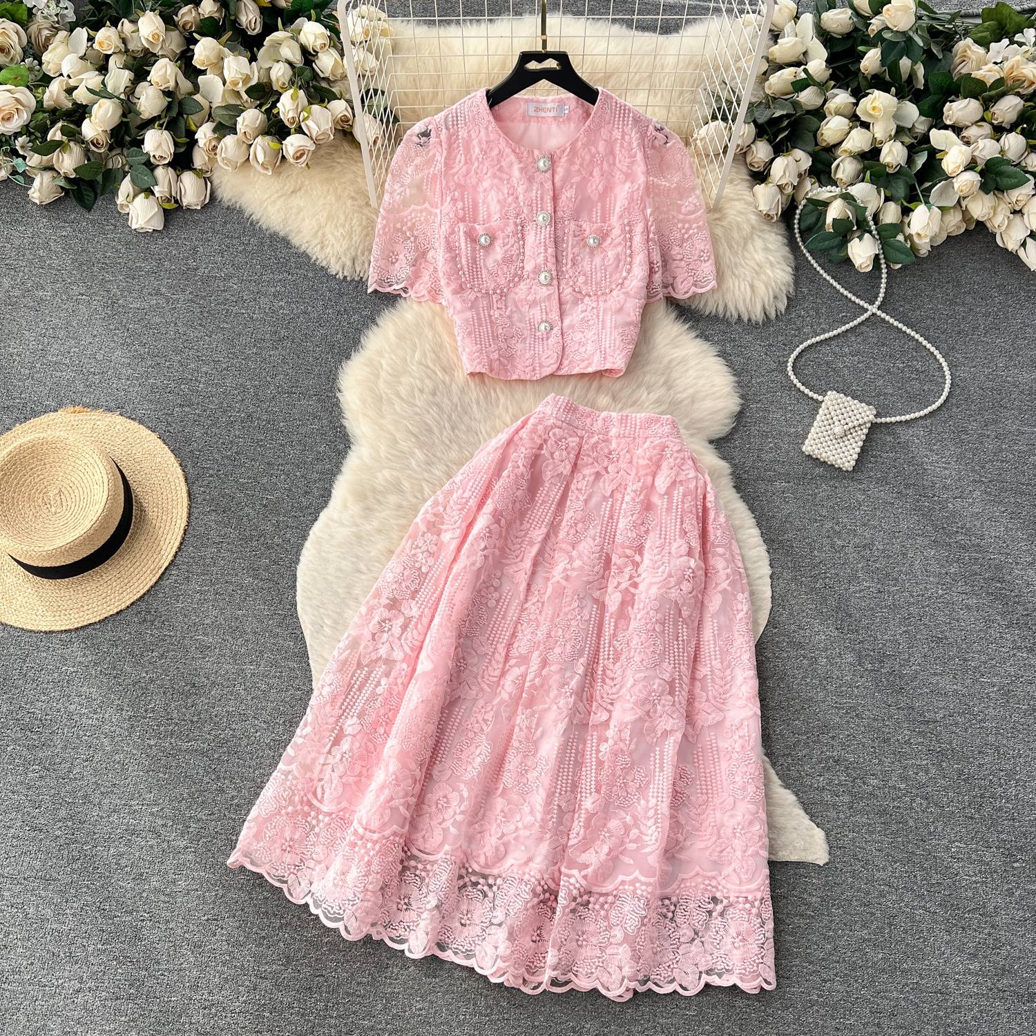 Women's Clothing Celebrity Style Suit For Women Lace Hook Flower Puff Sleeve Shirt Two Piece High Waist Slim Skirt