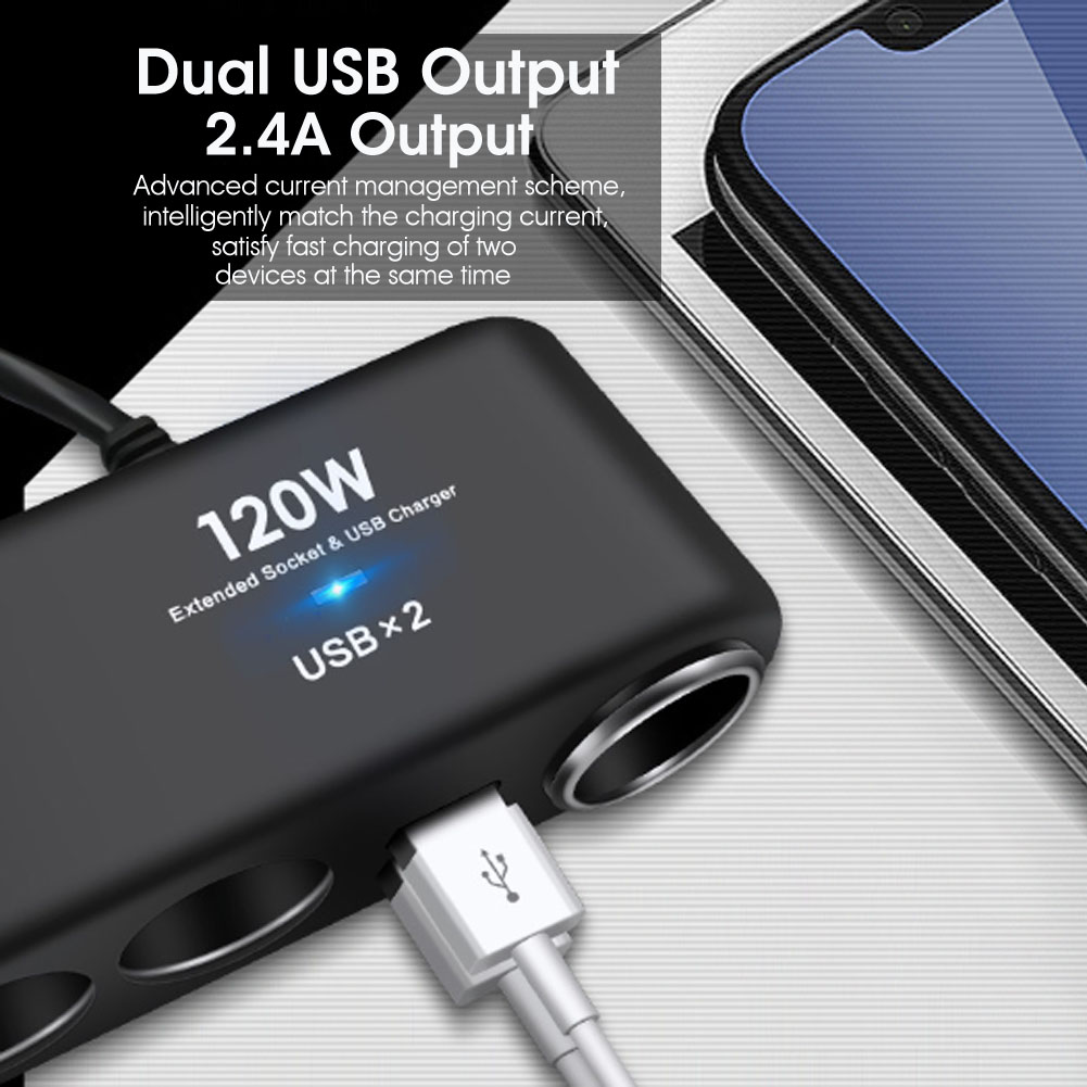 Universal Car Charger 12V 24V 4 Way Cigarette Lighter Multi Socket Auto Charger Car Adapter Dual USB Car Charger_voghion.com