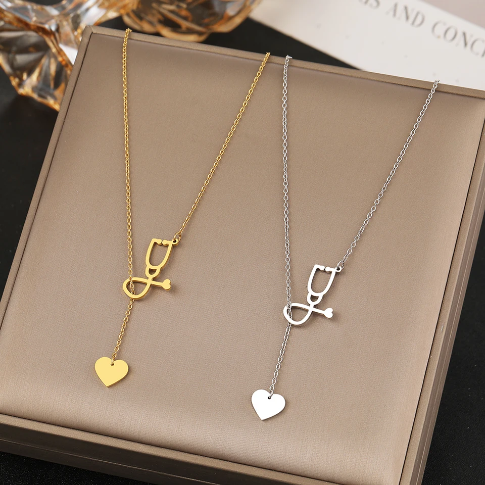 Collier cœur stéthoscope en acier inoxydable bijou style coréen_voghion.com