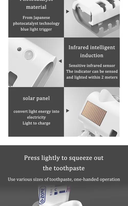 Toothbrush Holders Toothpaste Dispenser Solar Energy Bathroom Storage Box Multifunction USB Charge_voghion.com