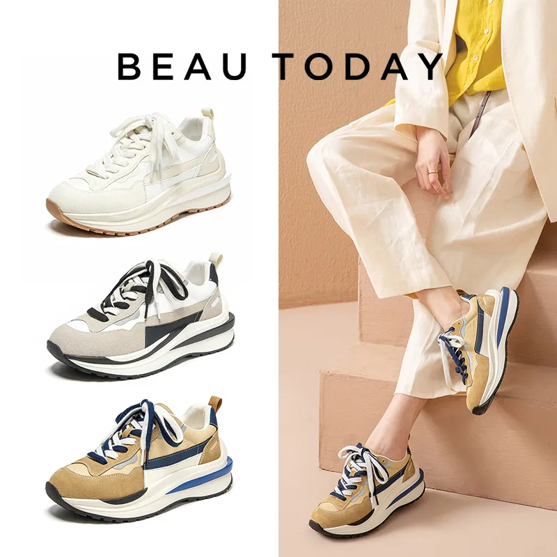 BeauToday Casual Sneakers Women Cow Suede Synthetic Leather Patchwork Mixed Colors Lace-Up Round Toe Ladies Waffle Shoes_voghion.com