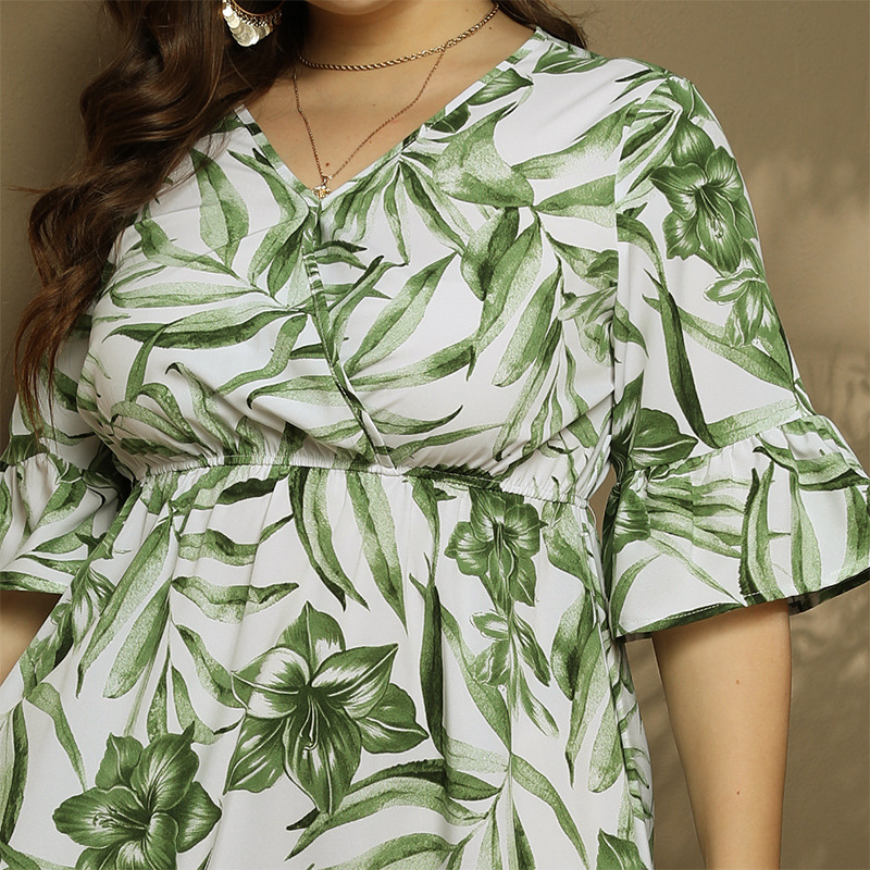 Women's leisure vacation plus size dress trumpet sleeve long skirt 200 catties can wear_voghion.com