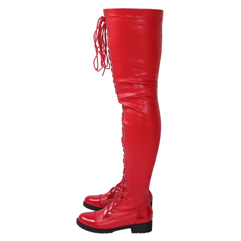Neue sexy Schnürstiefeletten aus Leder mit seitlichem Reißverschluss und niedrigem Absatz und über dem Knie in Übergröße für Damen_voghion.com