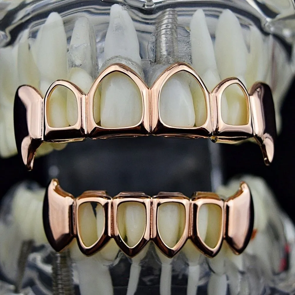 Vero oro bretelle punk hip hop denti grillz dentale bocca zanna griglie su fondo dente cappuccio cosplay festa rapper gioielli_voghion.com