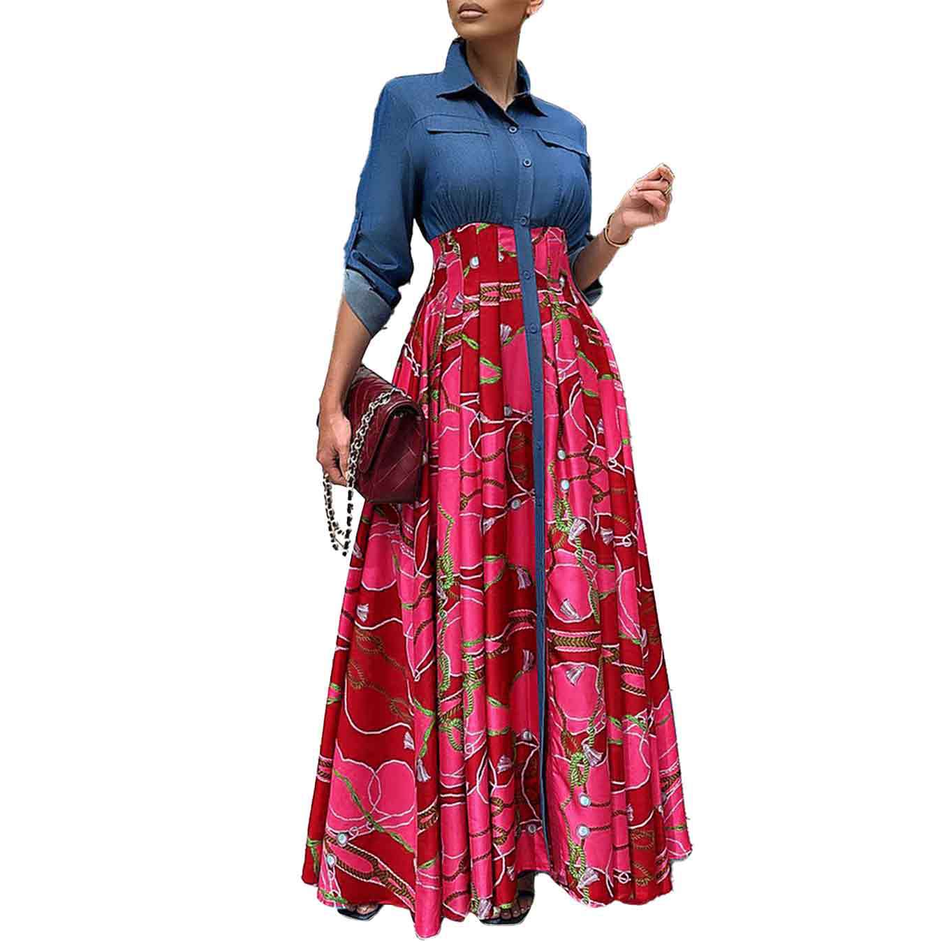 C8551 sonbahar ve kış yeni büyük boy kadın moda rahat denim ekleme baskılı uzun etek büyük salıncak dış ticaret elbise_voghion.com