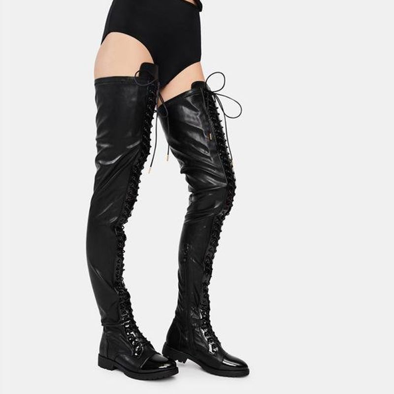 Neue sexy Schnürstiefeletten aus Leder mit seitlichem Reißverschluss und niedrigem Absatz und über dem Knie in Übergröße für Damen_voghion.com
