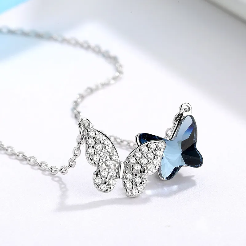 Collane con ciondolo da donna, elegante catena alla moda, a forma di farfalla blu, in argento sterling, collana rotonda 230426_voghion.com