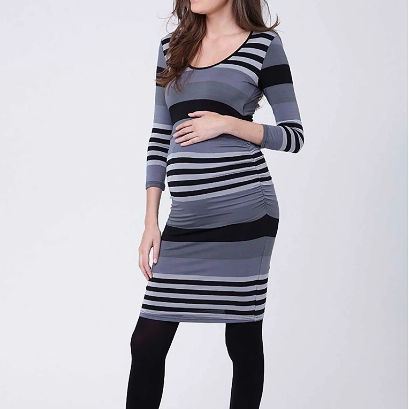 Umstandskleider 2024top Won Lässiges Langarm-Wickelkleid für Schwangere, Stillkleid, figurbetontes Schwangerschaftskleid_voghion.com