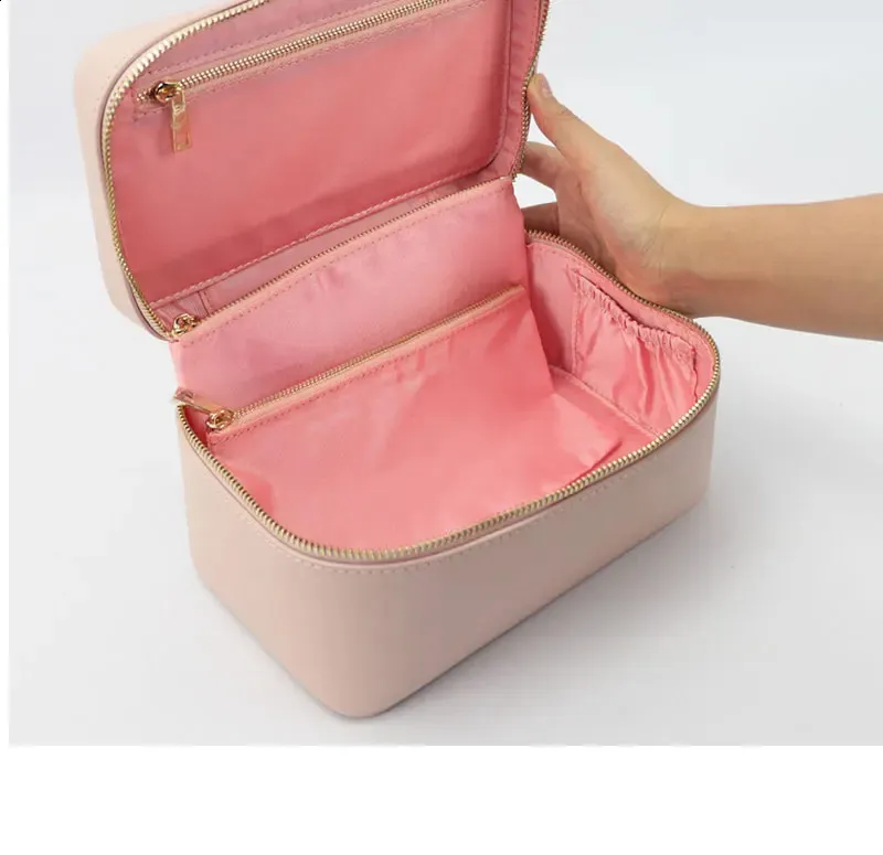 Ladies Saffiano Split Leather Travel Toiletry Case Portable Hanging Makeup Organizer Box Dopp Kit Cosmetic Bag For Women_voghion.com