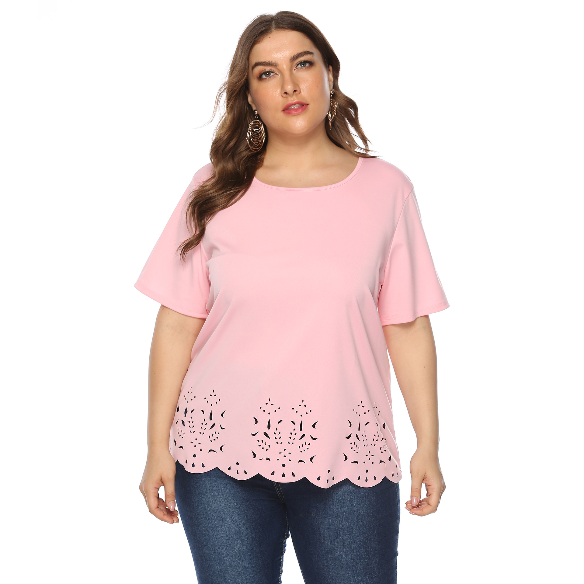 Women's tops large size women's clothing solid color burnt flower hollow wave edge casual short-sleeved T-shirt_voghion.com