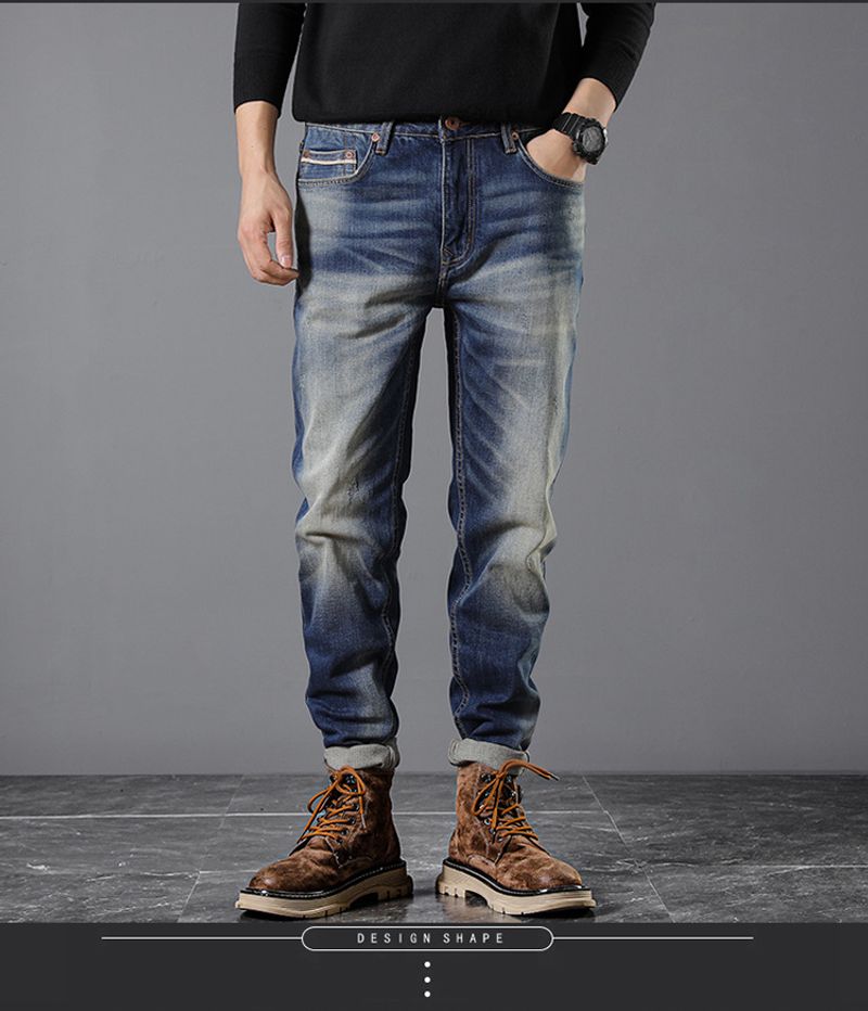 Heren Slim-fit Small Broek Herfst en Winter Red-eared Denim Rechte Broek_voghion.com