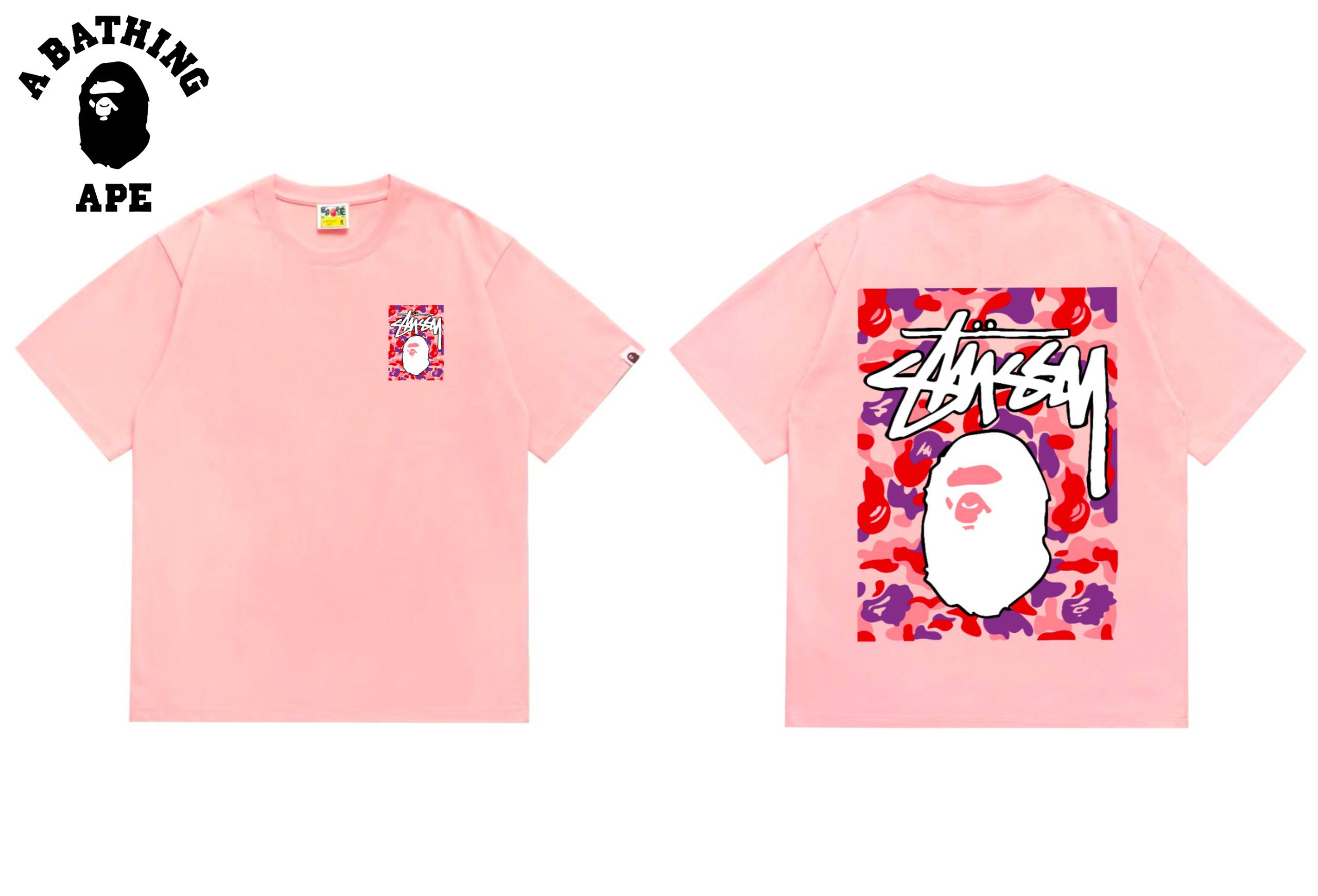 A BATHING APE BAPE-BAPE&Stussy Co Branded Stusey Letter Monkey Head Camouflage Printed T-shirt Made Of Pure Cotton Fabric