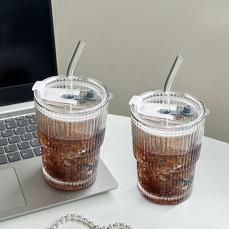 450ml Simple Stripe Coffee Glass Cup With Lid and Straw Transparent Bubble Tea Cup Juice Glass Milk Mocha Cups Breakfast Mug_voghion.com