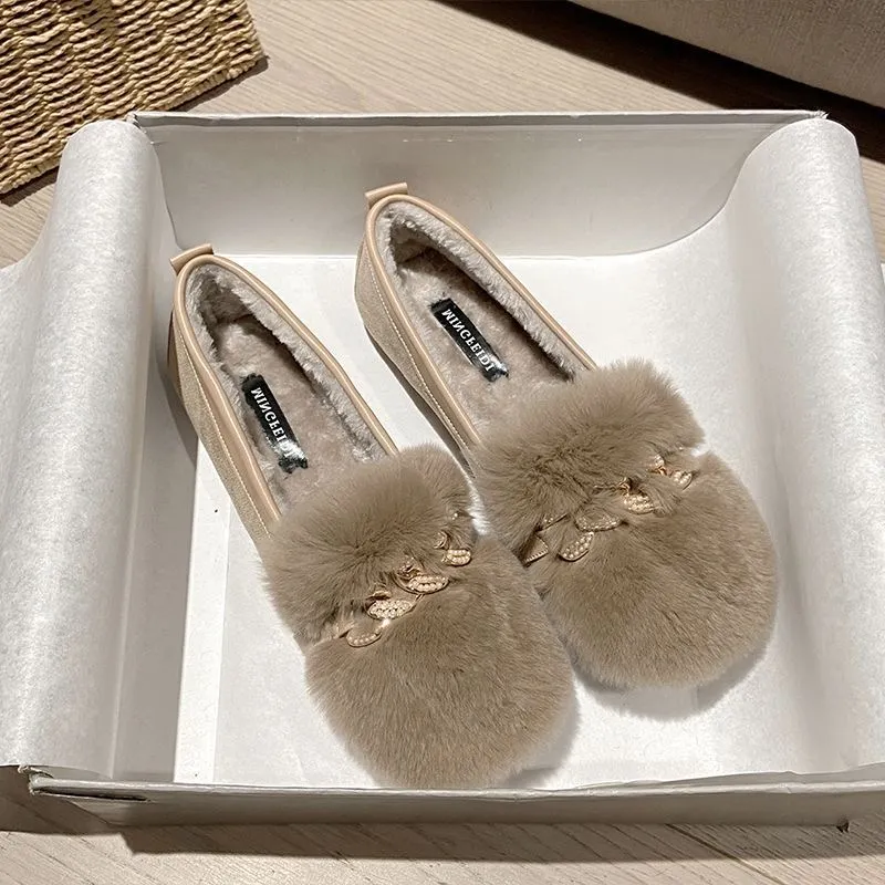 Glitter Rhie Chain Flat 6271d Loafers Winter Plush Cotton Shoes Women Large Size Warm Fur Moccasins Shallow Slip-on_voghion.com