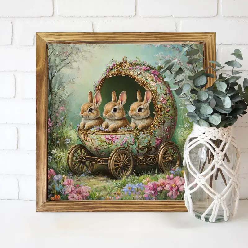 Vintage Ξύλινη Πινακίδα με Τρόλεϊ Λαγουδάκι 8x8" - Ρουστίκ Διακόσμηση Αγροικίας για Σαλόνι/Είσοδο | Χωρίς Ρεύμα | Τέλειο Πασχαλινό Δώρο_voghion.com