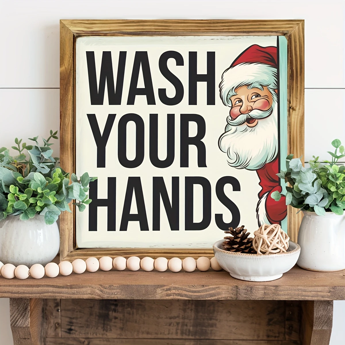 8x8" Vintage Weihnachtsmann "Wasch deine Hände" Holzschild - Rustikale Wandkunst für Küche, Bad & Büro | Einzigartiges Weihnachtsgeschenk_voghion.com