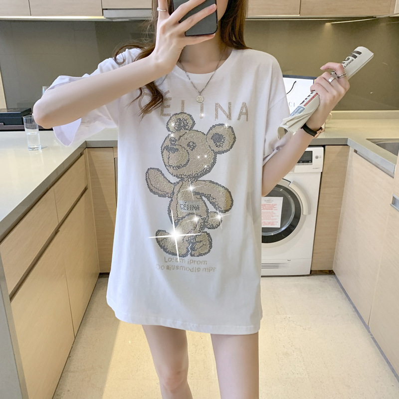 T-shirt estiva a maniche corte nera Bear Hot Diamond da donna in cotone pettinato, versione ampia di media lunghezza_voghion.com