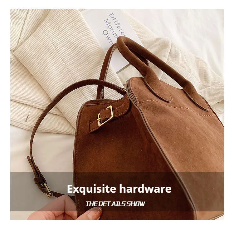 Borsa a mano retrò di grande capacità, nuovo stile, in pelle scamosciata leggera, alla moda francese, a tracolla singola, da donna, stile da strada_voghion.com