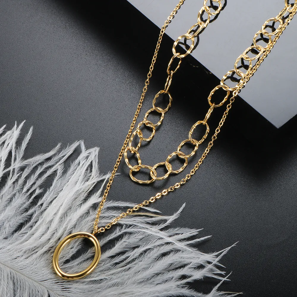 Collane con ciondolo Semplice ovale Multi strato Collana per donna Uomo Acciaio inossidabile Catena a maglie Choker Hip Hop Trendy_voghion.com
