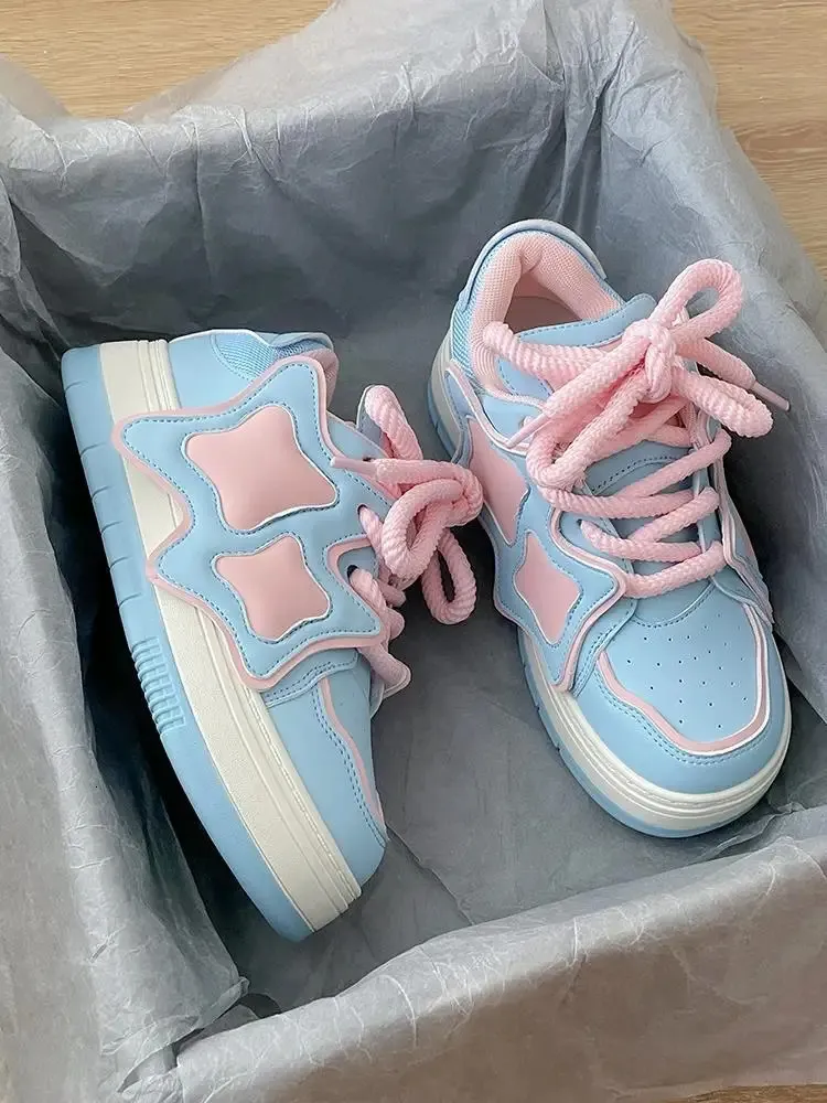 Scarpe da ginnastica con plateau rosa e blu da donna, scarpe sportive kawaii, casual, da tennis, da donna, basse, vintage, con suola spessa, coreane, carine_voghion.com