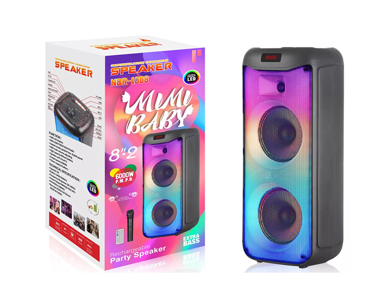 Dobbelt 8-tommer 80 W stang udendørs trolley lyd karaoke Partybox RGB Bluetooth højttaler EQ farve LED lysring, med mikrofon fjernelse_voghion.com