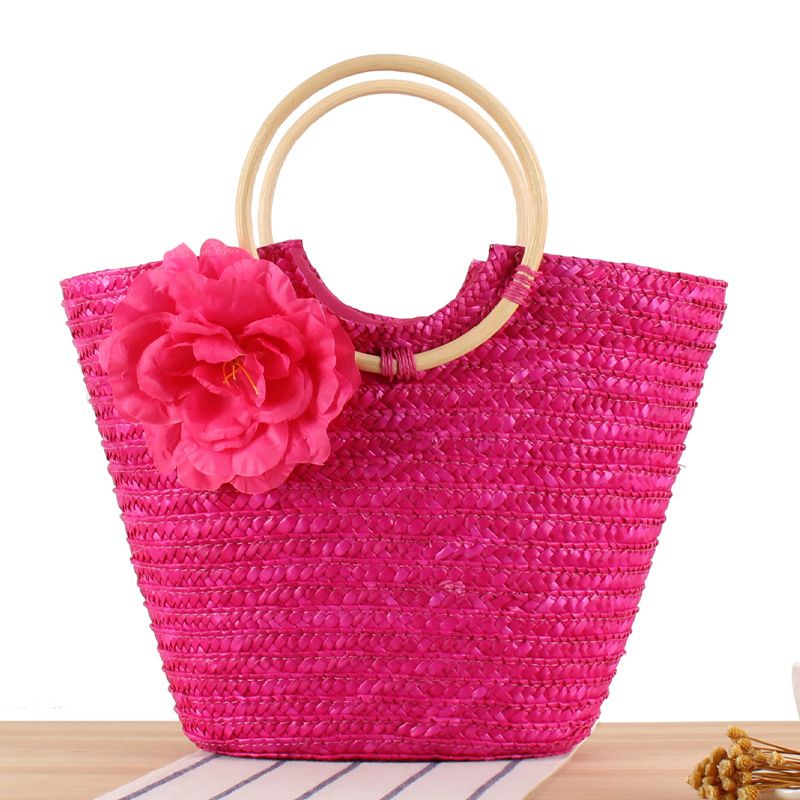 Neue handgewebte Rattan mit Blumen großem Fassungsvermögen und gewebter Tasche aus Stroh für den Strandurlaub_voghion.com