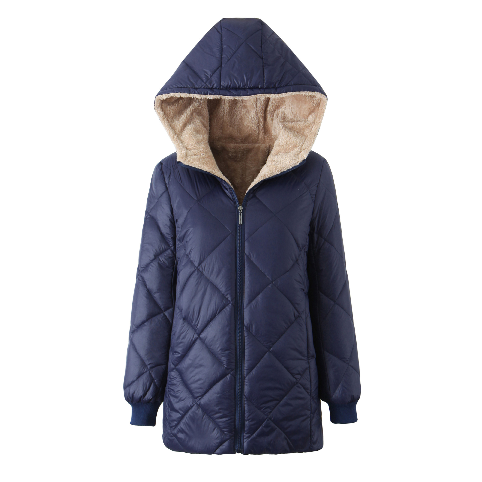 ​​Women’s Quilted Puffer Jacket – Winter Long Sleeve Coat With Diamond Stitch Design, Loose Fit Polyester Outerwear For Casual & Streetwear Fashion​​