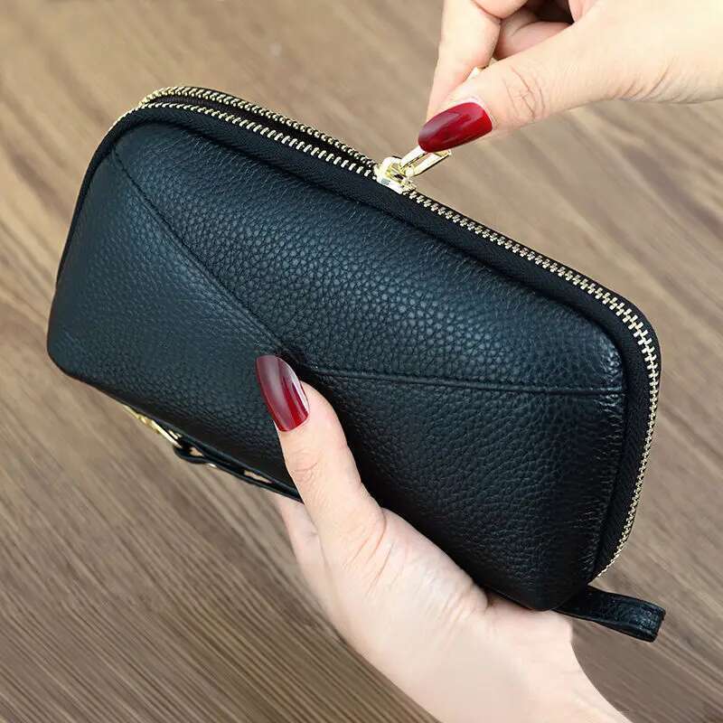 Neu Leder Große Kapazität Handy Tasche Zipper frauen Rindsleder Lange Handtaschen_voghion.com