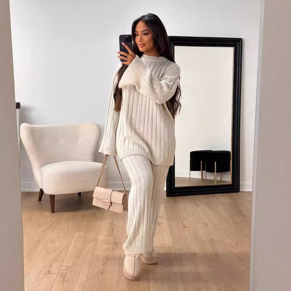 Women's Clothing autumn new women's clothing solid color lazy style round neck loose knit sweater two piece set