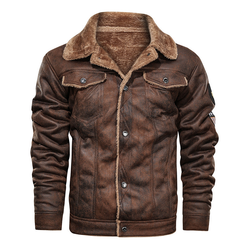 New Lapel Large Size Fur Integrated Men’s Jacket Fleece Thickened Stand-up Collar Locomotive Jacket