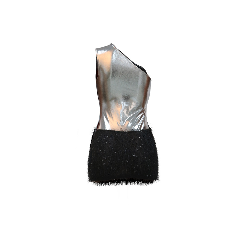 Women's Clothing New Product Fashion Sexy Slim Fit Hip Covering Bright Leather Knitted Wool One Shoulder Short Skirt_voghion.com