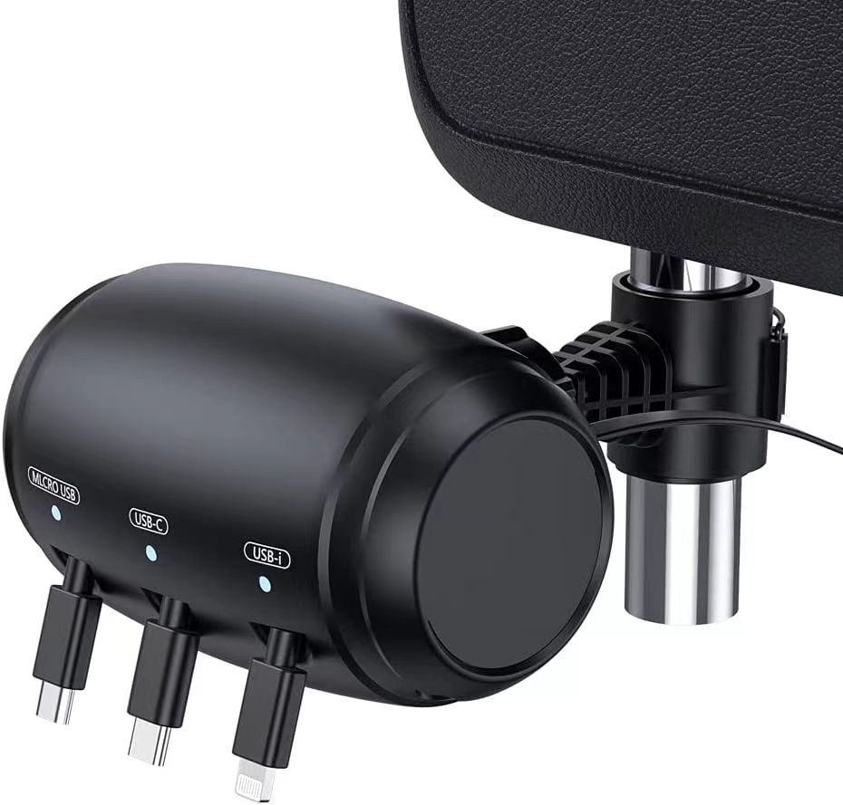 Avtomobilski vzglavnik za zadnji sedež, zložljiv kabelski polnilnik, 3 v 1 mikro USB Lightning Power avtomobilska polnilna postaja za telefon in tablico_voghion.com