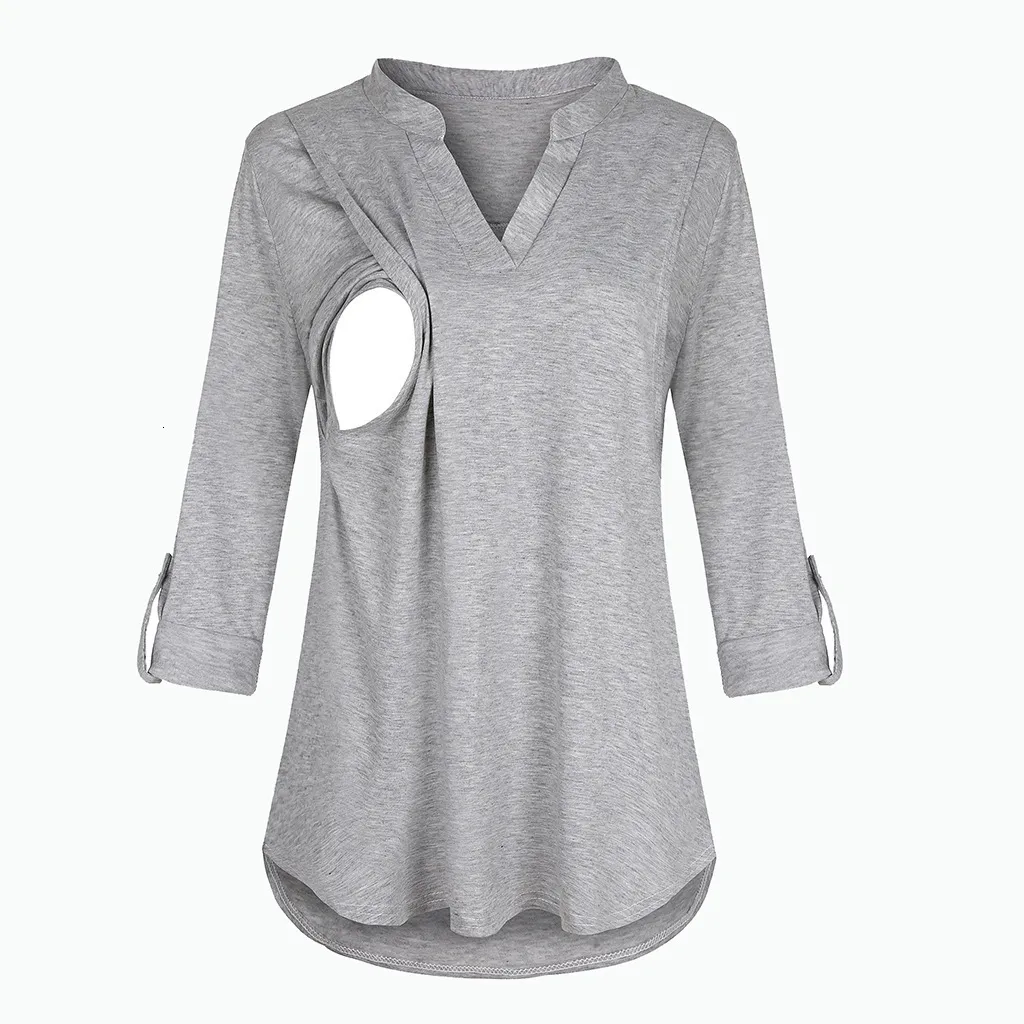 Tees Annelik Emzirme Tişörtü V Yaka Bluzlar Gömlekler Uzun Kollu Çizgili Emzirme Üstleri Hamile Kadınlar İçin Giysiler_voghion.com