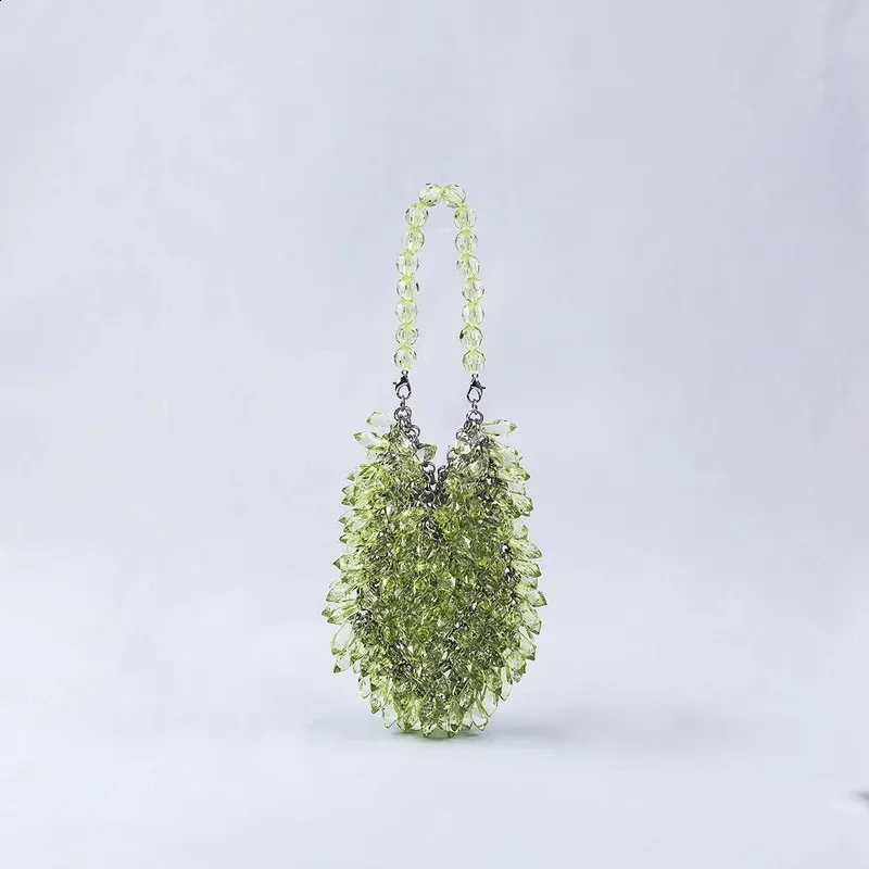 Borsa a secchiello piccola da sera in cristallo trasparente intrecciato a mano, verde, blu e giallo, fatta a mano, estiva_voghion.com