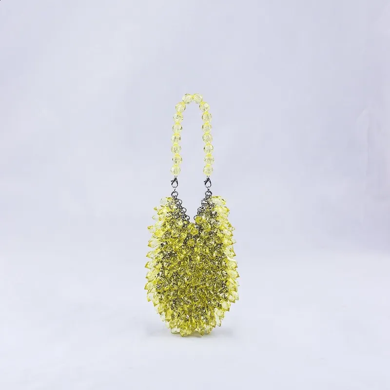 Borsa a secchiello piccola da sera in cristallo trasparente intrecciato a mano, verde, blu e giallo, fatta a mano, estiva_voghion.com