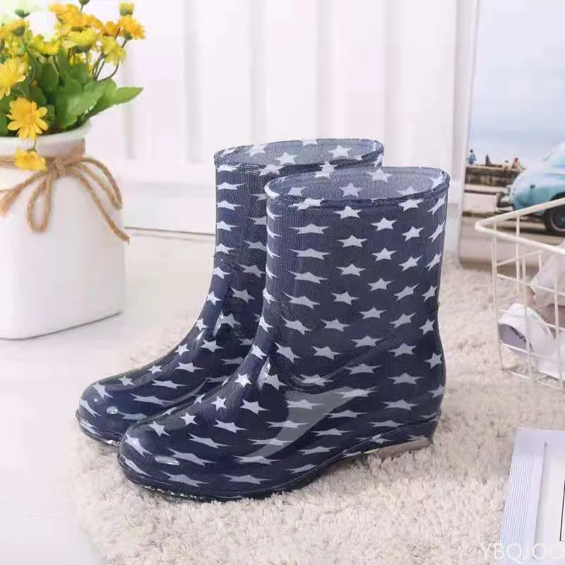 Printed for women work anti and non slip PVC waterproof shoes mid calf rain boots 241031_voghion.com