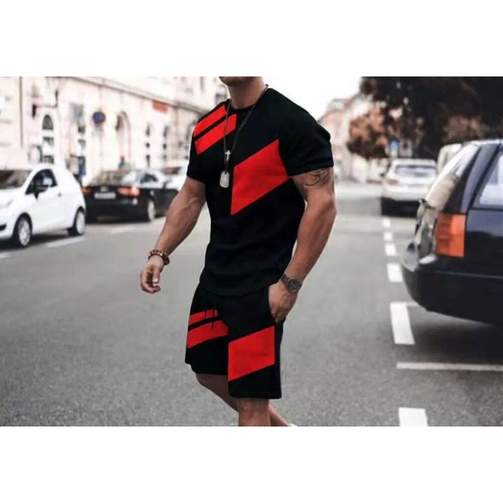 Herren 3D Kurzarm Set Sommer Fitness Sport Trend Locker Mode Lässig Rundhals T-Shirt_voghion.com