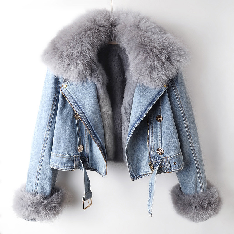 Women's Clothing autumn and winter new fox fur collar rabbit fur lining fashionable small denim jacket women's short top jacket