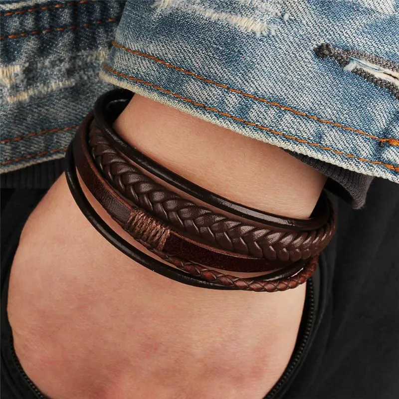 Link Bracelets 2023 Classic Genuine Leather Bracelet For Men Hand Charm Jewelry Multilayer Male Handmade Cool Boys_ipsvogv.com