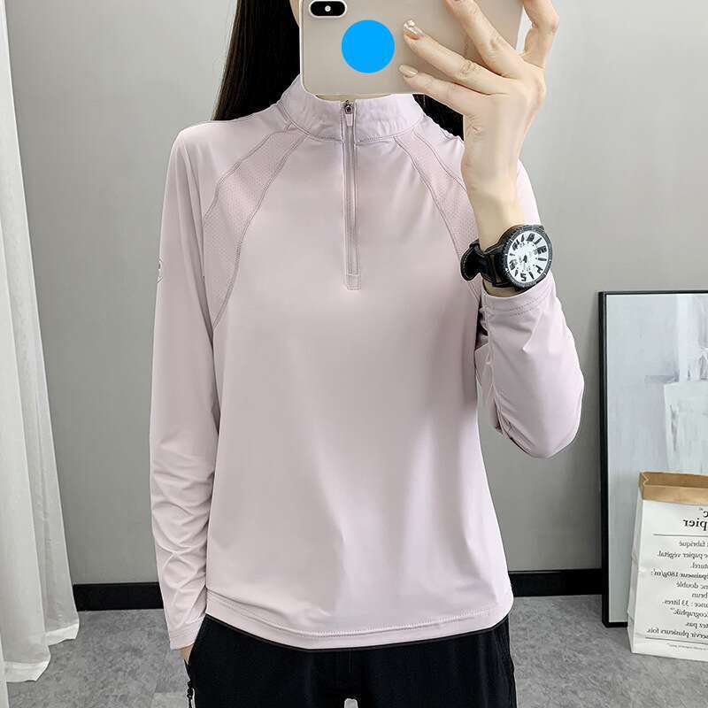 Maglietta sportiva da donna per la primavera e l'estate, leggera ed elastica, traspirante, con collo alto, a maniche lunghe._voghion.com