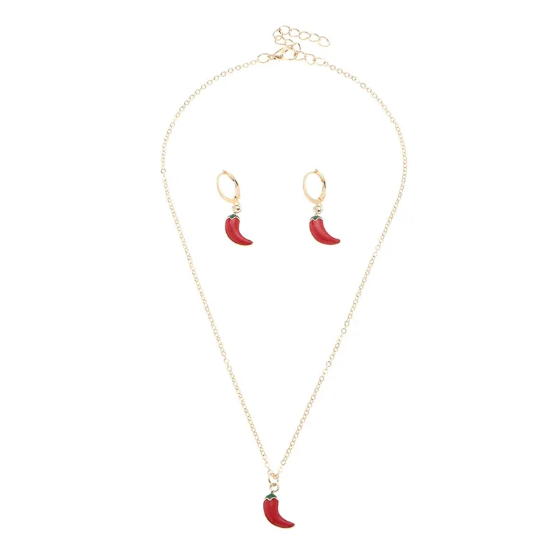 Collana Orecchini Set Coreano Carino Piccolo Rosso Smalto Ciondolo Clavicola Catena Con Peperoncino Gioielli Donna Festa_voghion.com