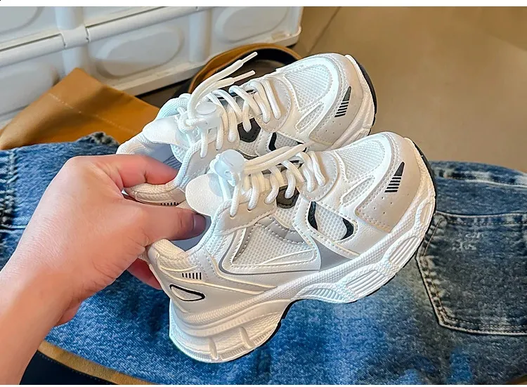 Scarpe sportive casual traspiranti per bambini, corte, paffute, bianche, a righe, con lacci, per tennis da bambini, primavera, 6-14 anni_voghion.com
